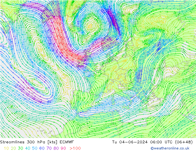 Linea di flusso 300 hPa ECMWF mar 04.06.2024 06 UTC