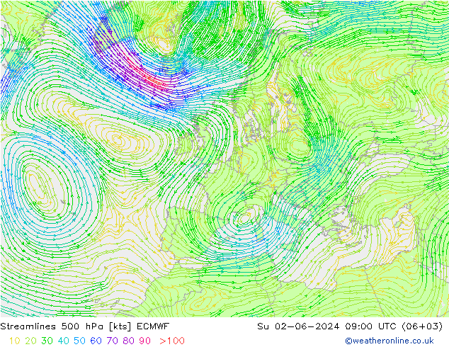 风 500 hPa ECMWF 星期日 02.06.2024 09 UTC