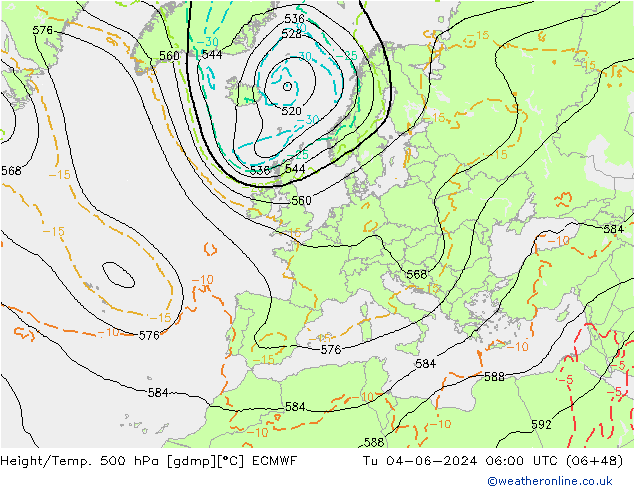 Z500/Rain (+SLP)/Z850 ECMWF 星期二 04.06.2024 06 UTC