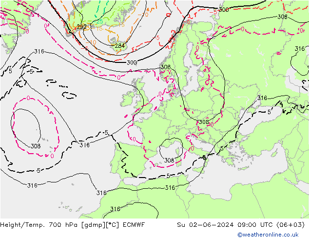 Geop./Temp. 700 hPa ECMWF dom 02.06.2024 09 UTC