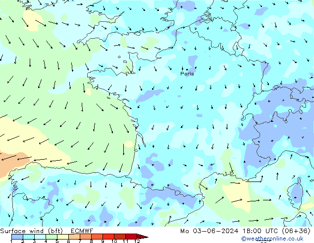Surface wind (bft) ECMWF Po 03.06.2024 18 UTC