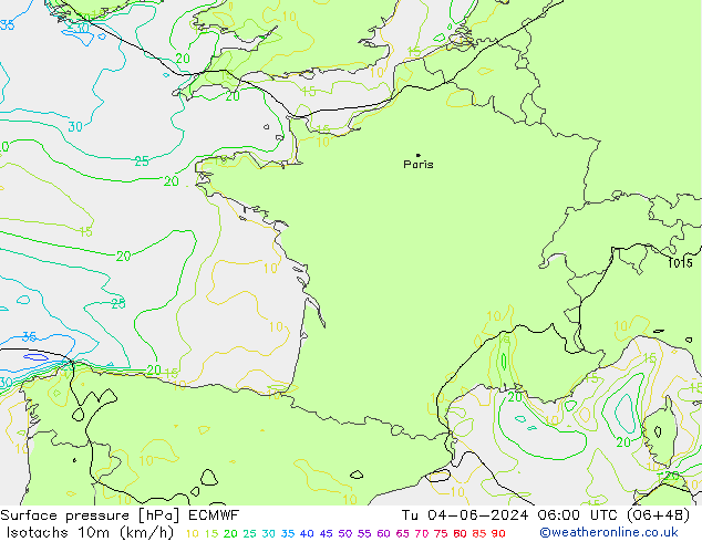 Isotachen (km/h) ECMWF Di 04.06.2024 06 UTC