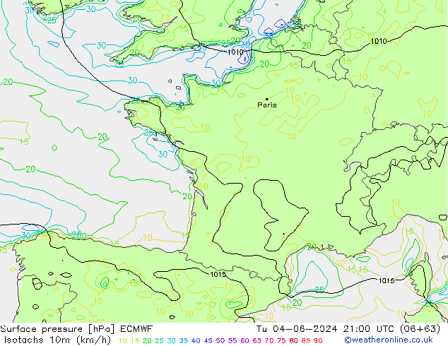 Isotachs (kph) ECMWF Út 04.06.2024 21 UTC