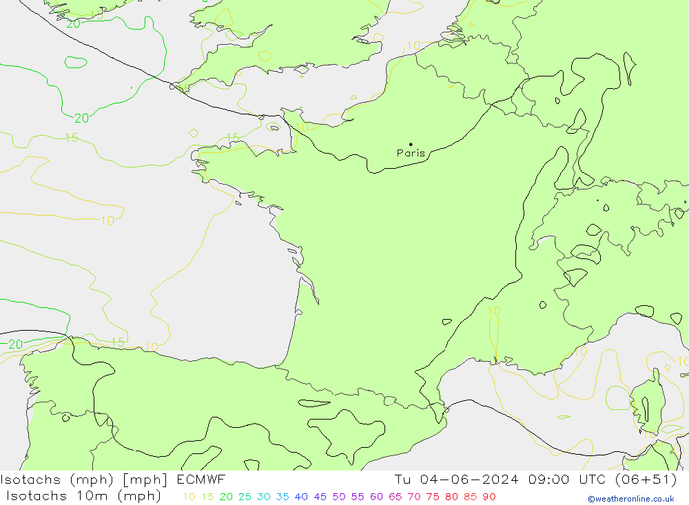 Isotachen (mph) ECMWF di 04.06.2024 09 UTC