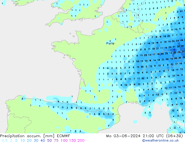 Precipitation accum. ECMWF Mo 03.06.2024 21 UTC