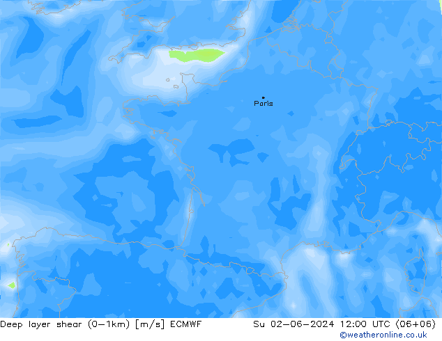 Deep layer shear (0-1km) ECMWF  02.06.2024 12 UTC