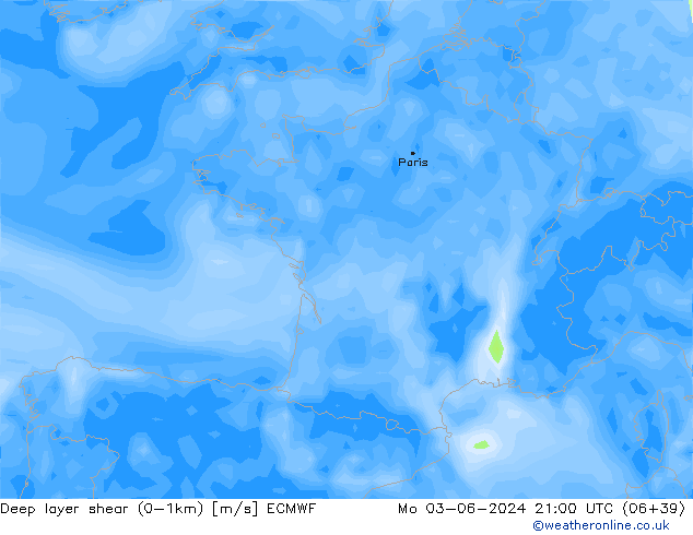 Deep layer shear (0-1km) ECMWF Po 03.06.2024 21 UTC