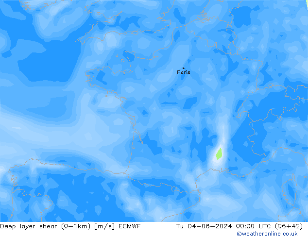 Deep layer shear (0-1km) ECMWF wto. 04.06.2024 00 UTC