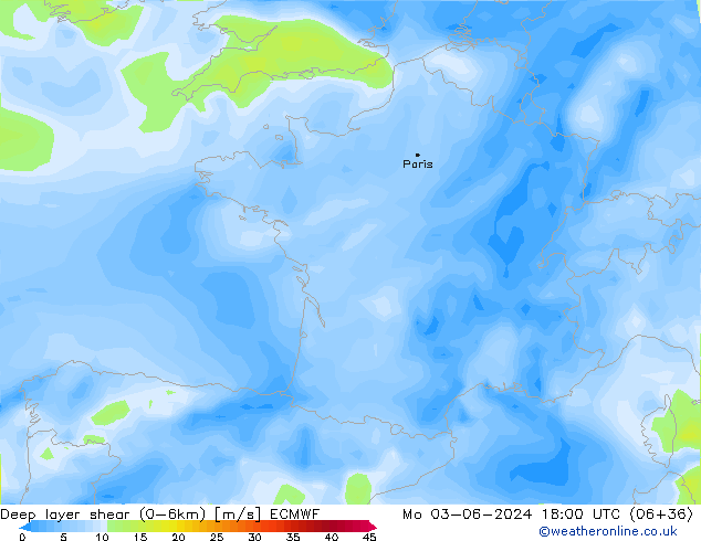 Deep layer shear (0-6km) ECMWF  03.06.2024 18 UTC