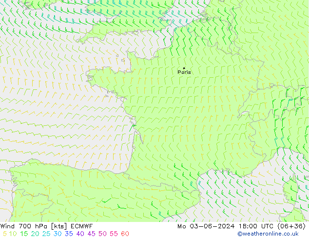 Wind 700 hPa ECMWF Mo 03.06.2024 18 UTC