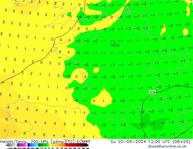 Height/Temp. 700 hPa ECMWF  02.06.2024 12 UTC