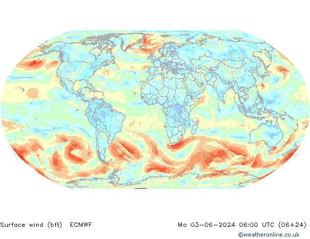 Vent 10 m (bft) ECMWF lun 03.06.2024 06 UTC