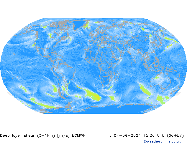 Deep layer shear (0-1km) ECMWF Tu 04.06.2024 15 UTC