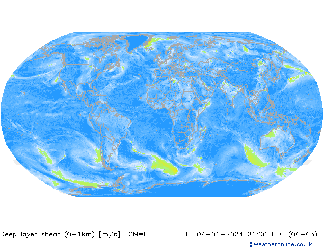 Deep layer shear (0-1km) ECMWF Tu 04.06.2024 21 UTC