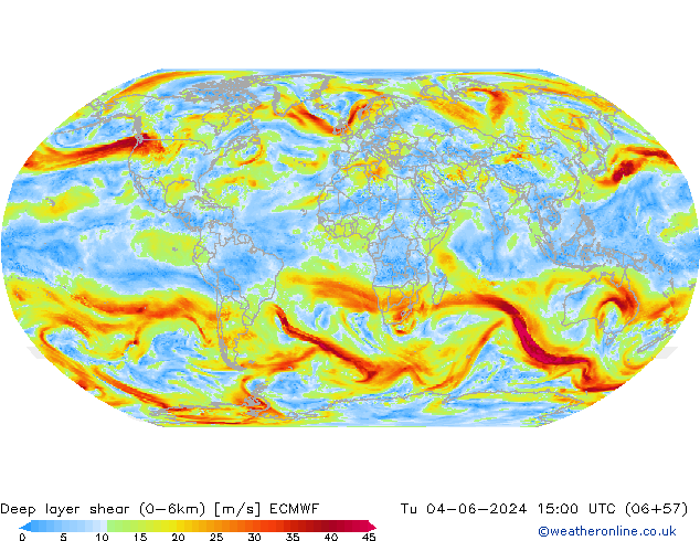Deep layer shear (0-6km) ECMWF Sa 04.06.2024 15 UTC