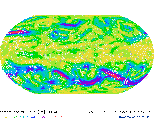 Linia prądu 500 hPa ECMWF pon. 03.06.2024 06 UTC