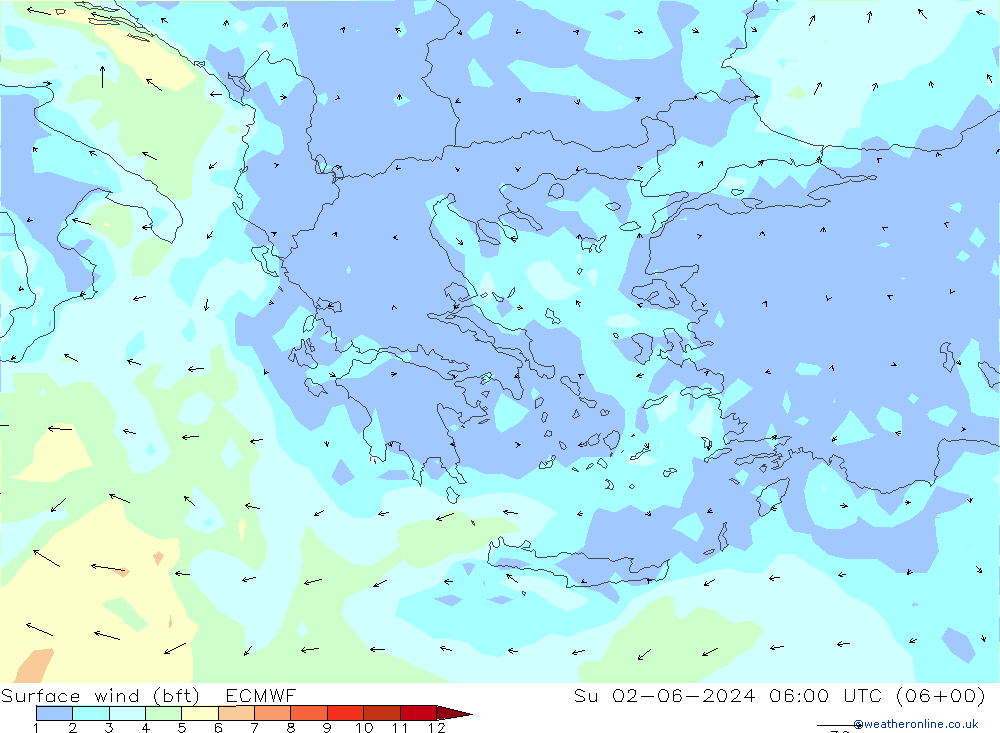 Wind 10 m (bft) ECMWF zo 02.06.2024 06 UTC