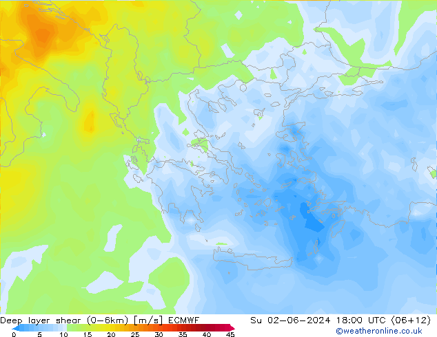 Deep layer shear (0-6km) ECMWF Su 02.06.2024 18 UTC