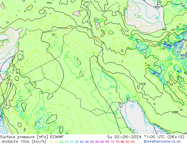 Izotacha (km/godz) ECMWF nie. 02.06.2024 21 UTC