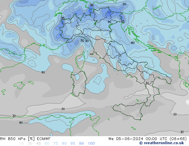 Humidité rel. 850 hPa ECMWF mer 05.06.2024 00 UTC