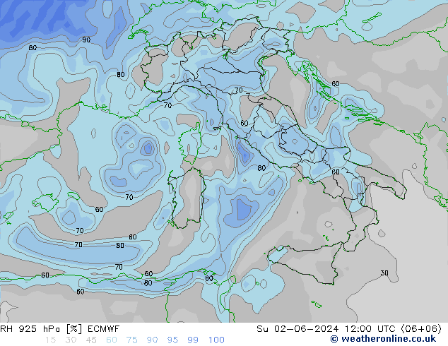 Humedad rel. 925hPa ECMWF dom 02.06.2024 12 UTC