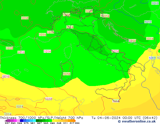 Thck 700-1000 hPa ECMWF wto. 04.06.2024 00 UTC