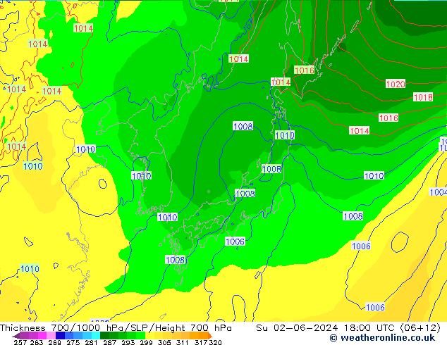 Espesor 700-1000 hPa ECMWF dom 02.06.2024 18 UTC