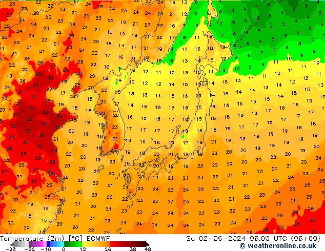 Temperature (2m) ECMWF Su 02.06.2024 06 UTC