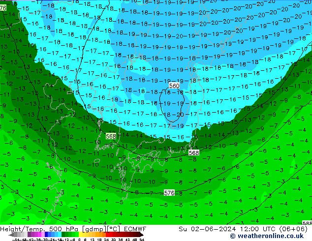 Height/Temp. 500 hPa ECMWF Su 02.06.2024 12 UTC