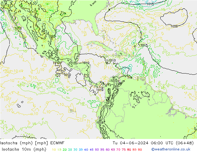 Izotacha (mph) ECMWF wto. 04.06.2024 06 UTC