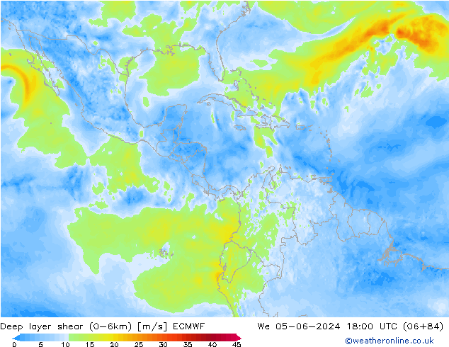 Deep layer shear (0-6km) ECMWF St 05.06.2024 18 UTC