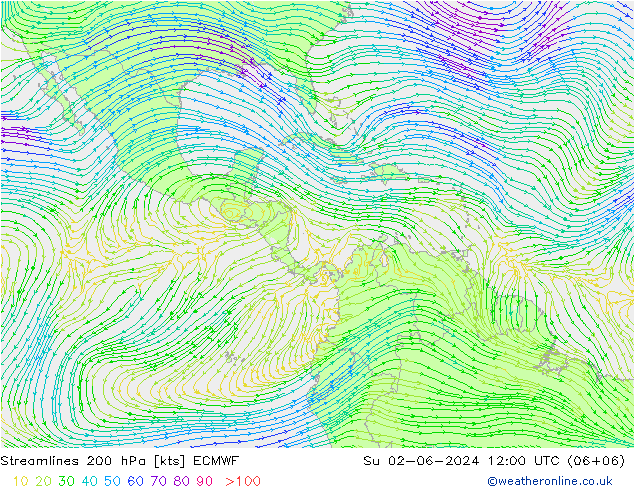 Linea di flusso 200 hPa ECMWF dom 02.06.2024 12 UTC