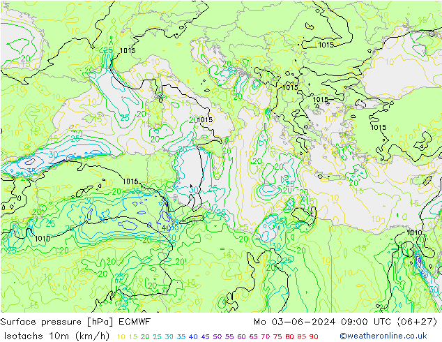 Isotachs (kph) ECMWF lun 03.06.2024 09 UTC