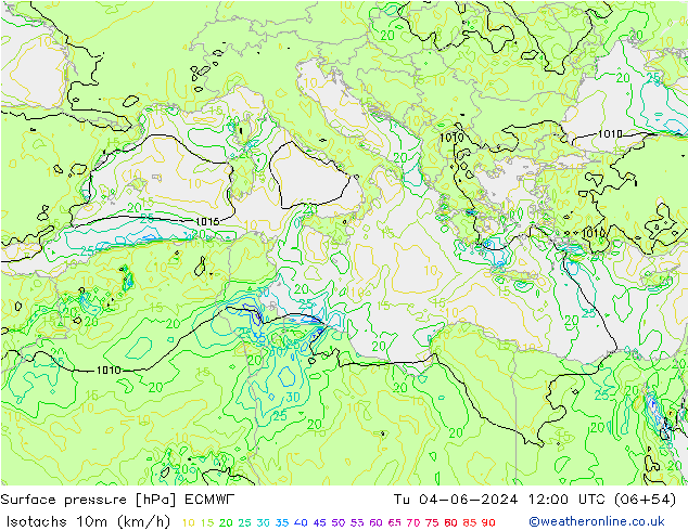 Isotachs (kph) ECMWF Út 04.06.2024 12 UTC