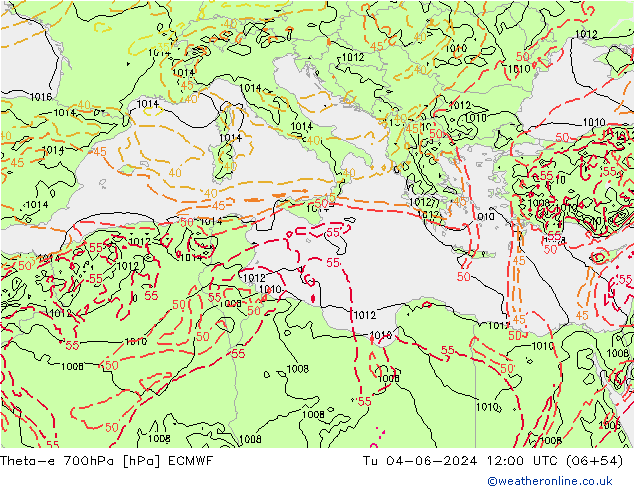 Theta-e 700hPa ECMWF Út 04.06.2024 12 UTC