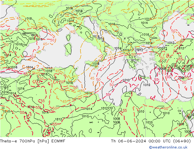 Theta-e 700hPa ECMWF czw. 06.06.2024 00 UTC