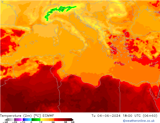 Temperatura (2m) ECMWF Ter 04.06.2024 18 UTC