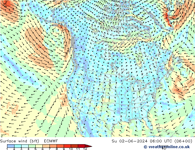 Bodenwind (bft) ECMWF So 02.06.2024 06 UTC