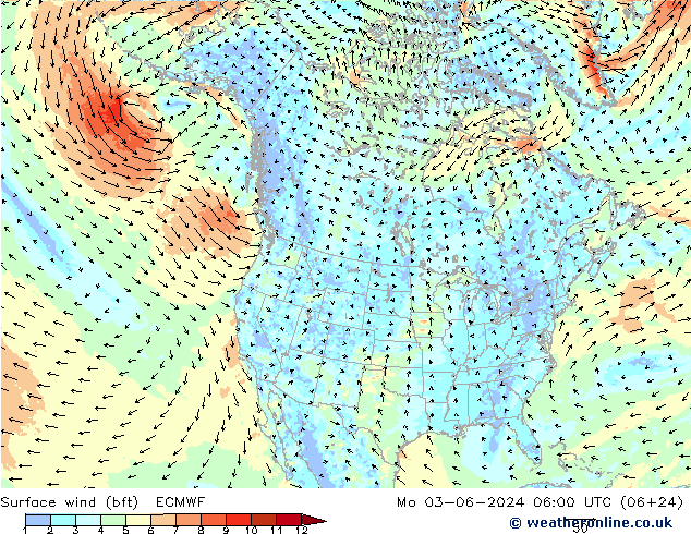 Bodenwind (bft) ECMWF Mo 03.06.2024 06 UTC