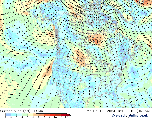 wiatr 10 m (bft) ECMWF śro. 05.06.2024 18 UTC