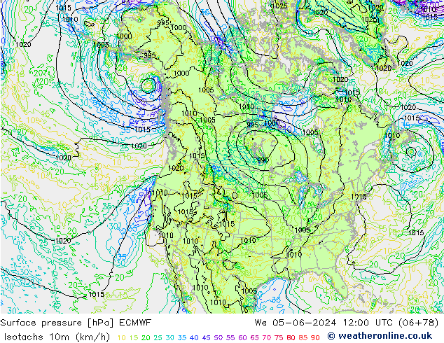 Isotachs (kph) ECMWF St 05.06.2024 12 UTC