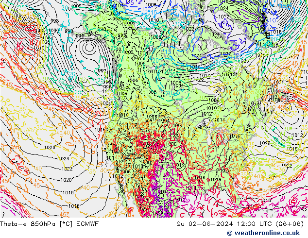 Theta-e 850гПа ECMWF Вс 02.06.2024 12 UTC