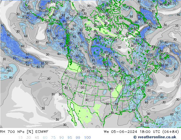 RH 700 hPa ECMWF mer 05.06.2024 18 UTC