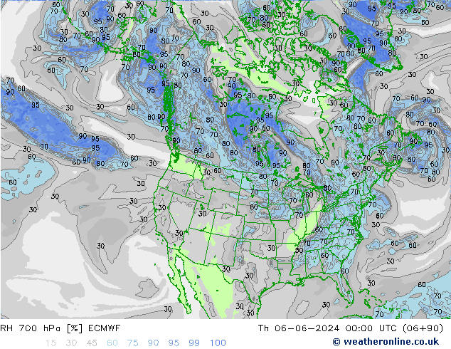 RH 700 hPa ECMWF czw. 06.06.2024 00 UTC