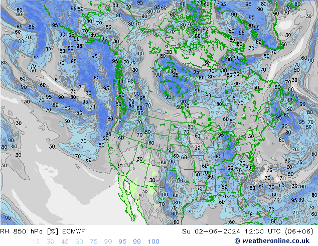 RH 850 hPa ECMWF nie. 02.06.2024 12 UTC