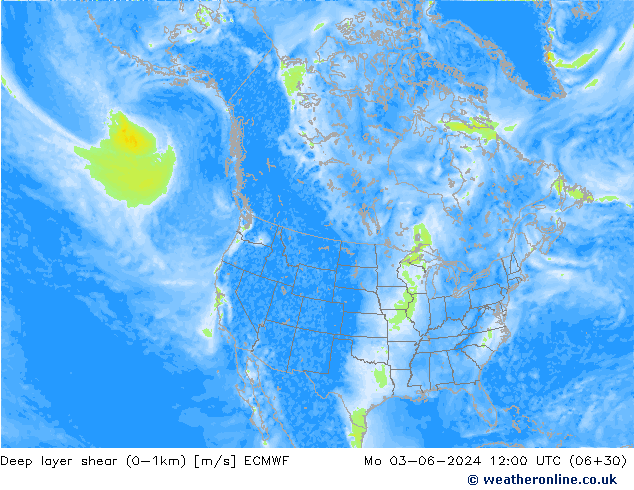 Deep layer shear (0-1km) ECMWF Mo 03.06.2024 12 UTC