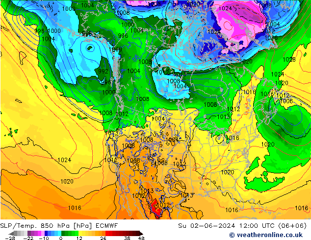 SLP/Temp. 850 hPa ECMWF Dom 02.06.2024 12 UTC