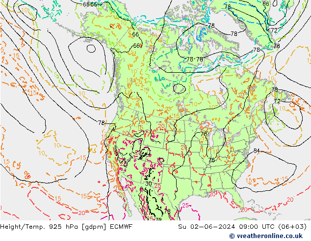 Height/Temp. 925 гПа ECMWF Вс 02.06.2024 09 UTC