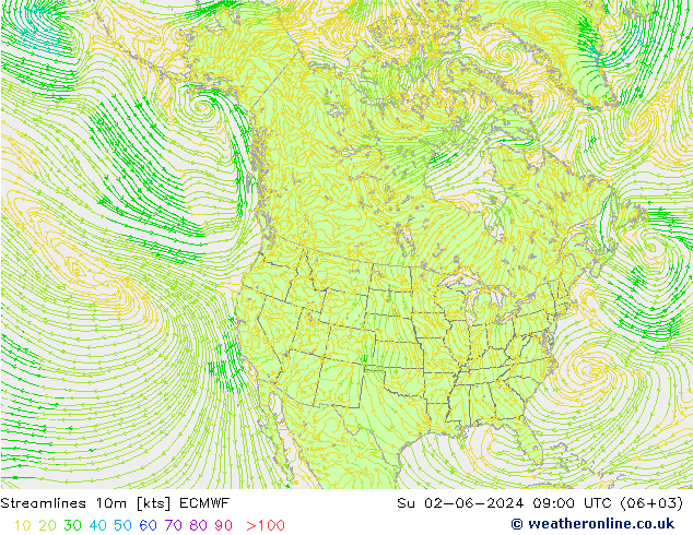 Línea de corriente 10m ECMWF dom 02.06.2024 09 UTC