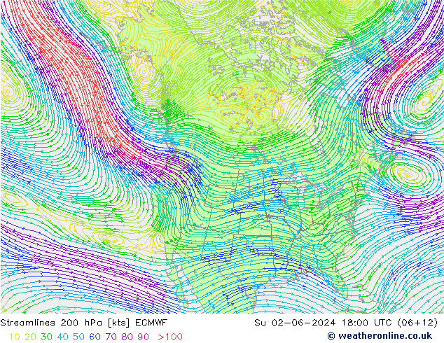 Linha de corrente 200 hPa ECMWF Dom 02.06.2024 18 UTC